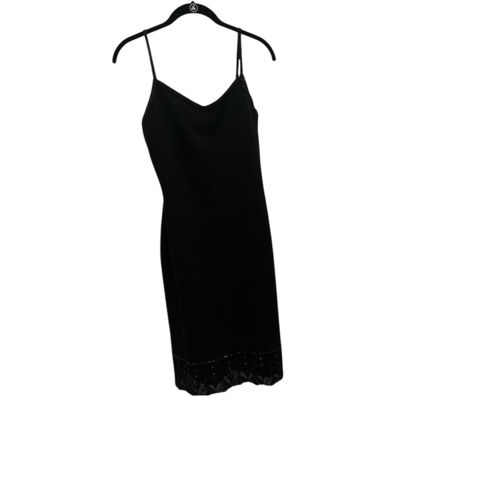ST JOHN Evening Black Knit Spaghetti Strap Dress Size 4 Beaded Sheath Slip